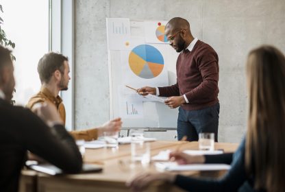 homem fazendo uma apresentação do ciclo PDCA durante uma reuniao